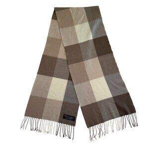 100% Cashmere Wool Tan Brown Plaid Fringe Scarf Muffler